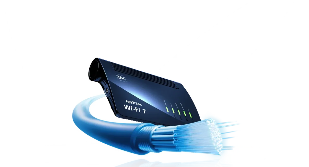 1&1 FRITZ!Box Wi-Fi 7 mit leuchtendem Glasfaserkabel
